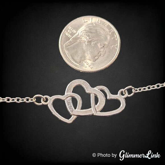 Triple Interlocked Heart Rhinestone Silver Tone Pendant Necklace - Picture 7 of 11